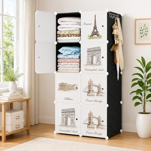 Image of 8 Door Kids Cartoon Wardrobe Storage Cabinet - DIY Modular Clothes Organizer with Hanging Cartoon Design Wardrobe with Multi for Bedroom, Living Room,Entryway (Black, 8-Door)