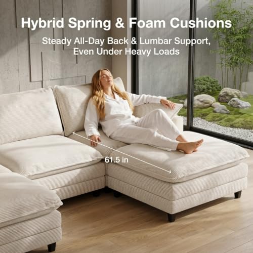 Image of 140.9 inch U-Shaped Modern Sofa Modular Sectional Cloud Couch with 2 Storage Ottoman Coffee Table, 4-Seat Corduroy Deep Seat Sofa with Throw Pillows for Living Room, Bedroom, Office, Cream