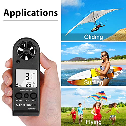 AOPUTTRIVER Windmesser Hand Digital LCD Wind Speed Meter Guages Air Flow Geschwindigkeit mit Hintergrundbeleuchtung messung Thermometer für Windsurfen Segeln Angeln etc