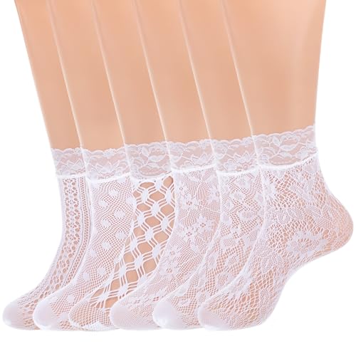 DOPENSPI 6 Paires de Chaussettes en Résille, Sexy Dentelle Courtes Bas en Résille à Motif Poisson Élastiques aux Chevilles, Bas en Nylon Fins et à la Mode avec Picots en Dentelle pour Femmes, Bas