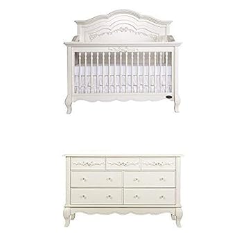 Evolur Aurora 5-in-1 Convertible Crib, Ivory Lace Drawer with Drawer Double Dresser