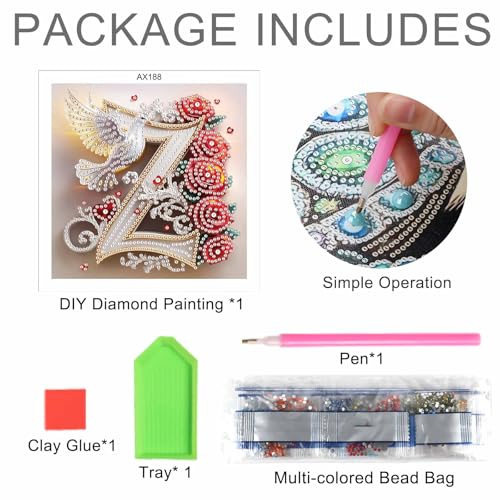 Image of AiYuanzsh 5D Diamond Art Kits for Adults Letter Z, Zesty Rose & Dove Alphabet Special Shape Diamond Painting, Luxury Diamond Art Craft for Home Decor and Valentine's Day Gift 17x17cm