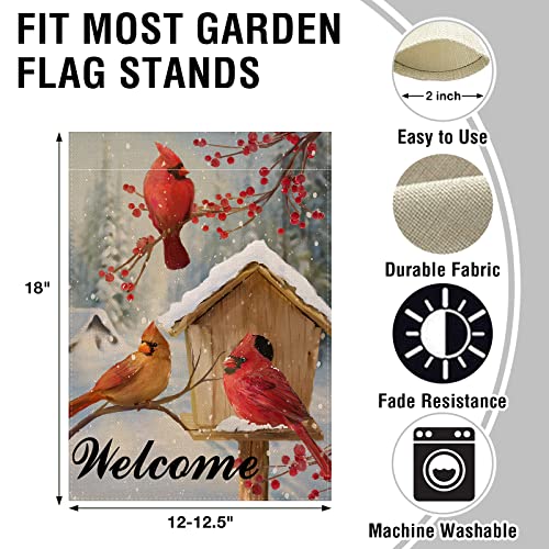 Artofy Welcome Winter Cardinal Red Birds Home Decorative Garden Yard Flag, Birdhouse Bacche Albero Rami Decorazione Esterna, Natale Neve Fattoria Outdoor Piccola Decorazione Stagionale Doppio Lato - 2