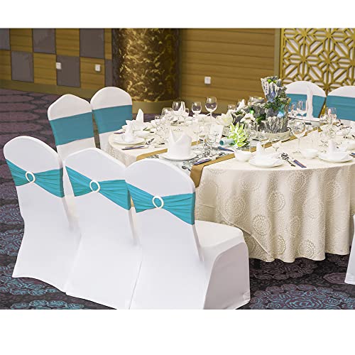 Sinssowl 100Pcs Stretch Wedding Chair Bands With Buckle Lycra Slider Sashes Bow Decorations 25 Colors (Turquoise) #TOP2