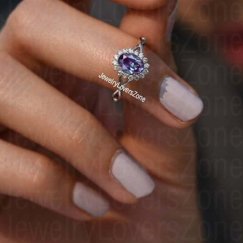 Oval Cut Alexandrite Ring | Promise Ring | Color Changing Gemstone | June Birthstone | 925 Sterling Silver | Rhodium Finish | Gift for Her | Valentine Gift
