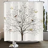 Cute Bird Tree Shower Curtain Colorful Birds on The Rustic Tree Branch Beige Nature Plant Waterproof