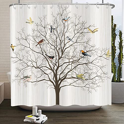 Cute Bird Tree Shower Curtain Colorful Birds On The Rustic Tree Branch Beige Nature Plant Waterproof Polyester Fabric Bathroom Curtain For Bathtub Home Hotel Decor Machine Washable With 12 Hooks #TOP8