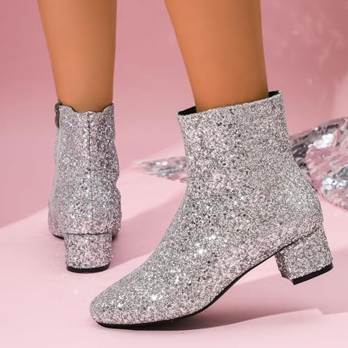 Botas para mujer con lentejuelas y tacón ancho de estilo británico moderno 7