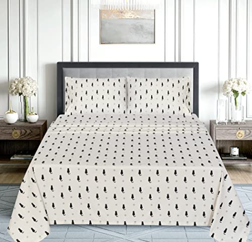 Ruvanti Flannel Sheets King Size - 100% Cotton Brushed Flannel Bed Sheet Sets - Deep Pockets 16 Inches (Fits Up To 18") - All Seasons Breathable & Super Soft - Warm & Cozy - 4 Pcs - Black Cat #TOP5