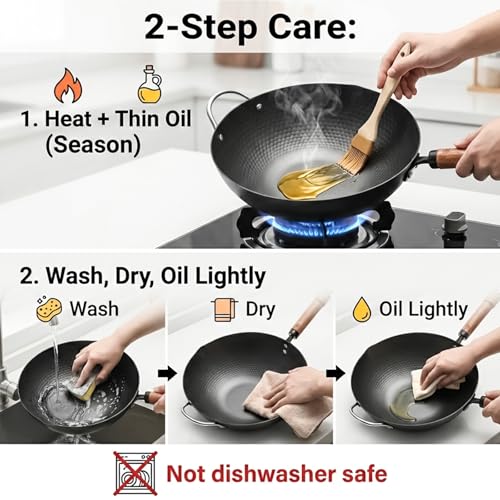 WANGYUANJI Flat Bottom Wok Pan, 12.6 Inch Carbon Steel Stir Fry Pan with Lid, Uncoated Heavy Duty Iron Woks for Cooking, Compatible with Induction Gas Electric Stovetops, Deep Frying Skillet Cookware by WANGYUANJI - Image 8