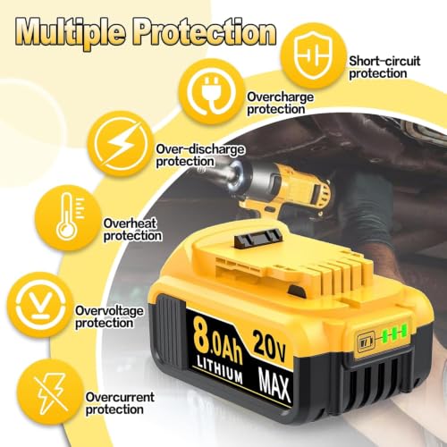 Image of 8.0Ah Replacement Battery for Dewalt 20V Max Battery, 6-Pack | Compatible with Dewalt Batteries DCB201 DCB203,Replacement for Dewalt 20V Battery, 8000mAh Li-ion, with LED Light