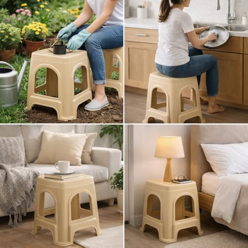 Image of PulGos Pack of 1 Beige Plastic Sitting Stool for Home, Office & Outdoor Use | Compact, Lightweight & Durable Stool for Adults & Kids | Use as Footrest, Side Table, Extra Seating for Living Room