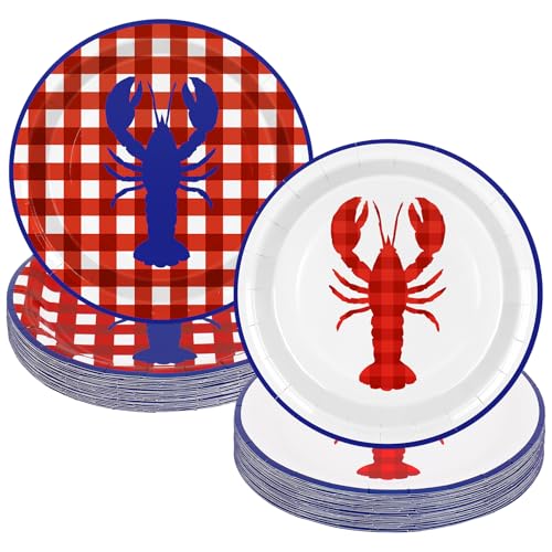 FYSUIMU Crayfish 40 Pcs Paper Plates Summer Crawfish Disposable Plate Red Blue Plaid Lobster Dessert Plate for Salad Cake Seafood Birthday Baby Shower Party Table Decor 9 Inch