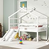 Bellemave Twin Size Kids Low Loft Bed,House Loft Bed with Slide and Ladder,Solid Wood Low Loft Bed with Safety Guardrails for Girls Boys,White
