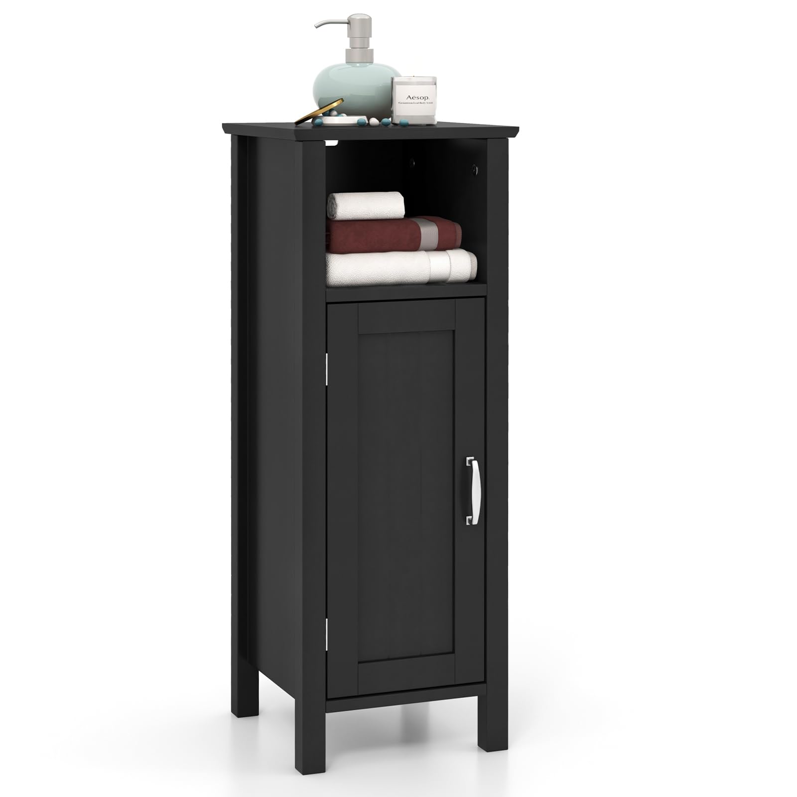 MAT EXPERT Bathroom Floor Cabinet w/Open Compartment, Narrow Side Cabinet w/ 2-Tier Cabinet & Adjustable Shelf, Wood Freestanding Cabinet w/Anti-Toppling Devise for Living Room, Laundry Room