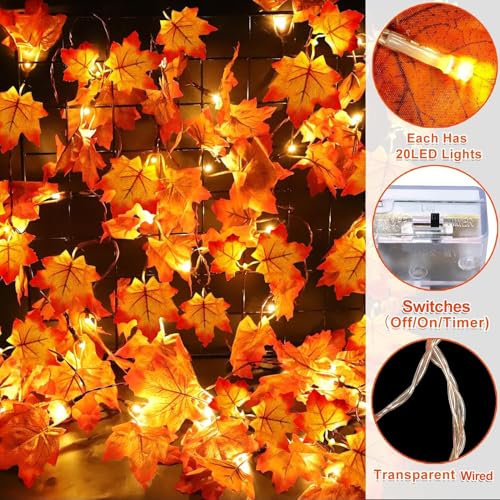 Timer&3 Pack-30Ft Fall Garland Thanksgiving Decorations for Home, 60LED Thanksgiving Lights Patented Realistic Maples Leaf Garland Battery Operated Waterproof Indoor Outdoor Christmas Halloween Decor