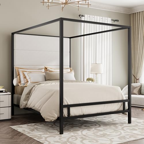 LUMISOL Queen Size Canopy Bed with Tall Velvet Upholstered Headboard, Black Metal 4-Poster Bed Canopy Bed Frame, Queen Canopy Platform Bed, Box Spring Needed, Black