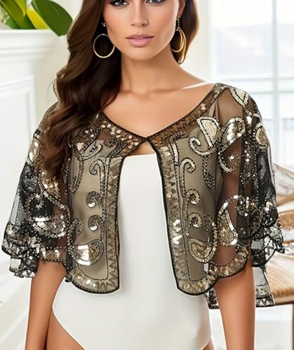 Sequin Shawl Cape for Women Formal,Black, Mesh Evening Wrap,1920s Art Lace Deco Beaded Capelet, Formal Cover Up4