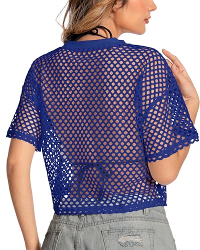 Image of Women's Mesh Top Fishnet T Shirts Sheer Loose Short Sleeve See Through Crop Tops