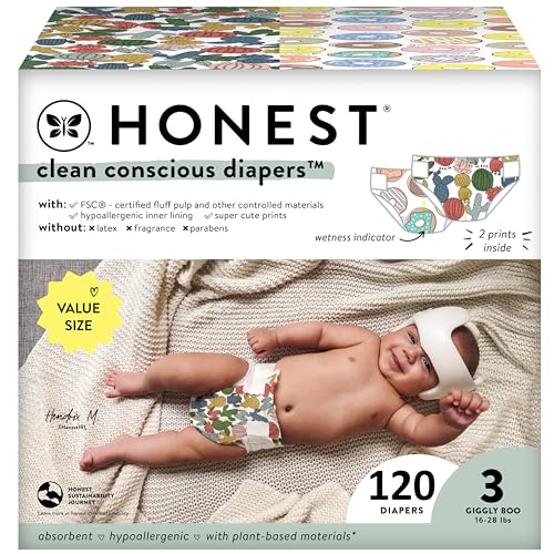 Image of The Honest Company Clean Conscious Diapers | Plant-Based, Sustainable | Cactus Cuties + Donuts | Super Club Box, Size 3 (16-28 lbs), 120 Count