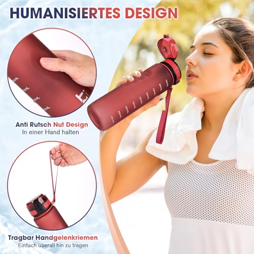 AOPREL Trinkflasche 1L Sport Trinkflasche Wasserflasche Auslaufsicher Trinkflaschen BPA Frei Sportflasche mit Kapazitätsskala für Die Outdoor, Schule, Camping