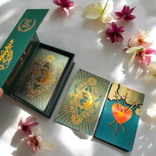 Image of AYME Green Gold foil Tarot Cards Game with Guide Book, 78 Cards Tarot Deck for Beginners and Professional Player with Box Tarot PVC Durable Waterproof Wrinkle Resistant
