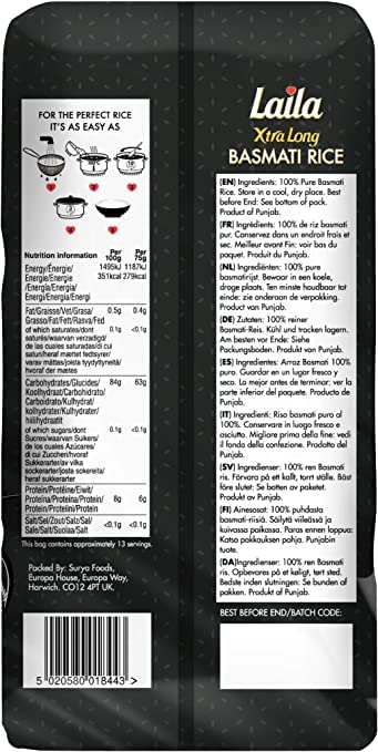 Laila Black XXL Basmati ryż 1 x 20 kg – idealny do biryani, potraw polo i jako dodatek – bez cholesterolu i bogaty w witaminy – Xtra Long Basmati