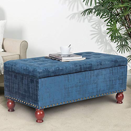 Asense Linen Fabric Rectangle Tufted Lift Top Storage Ottoman Bench, Footstool with Solid Wood Legs Upholstered Storage Bench (Dark Steelblue)