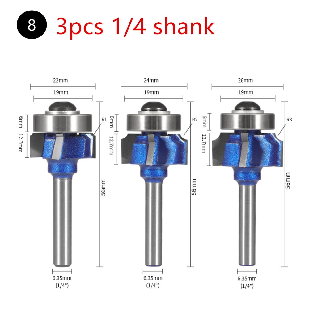 1/3pc 6mm 6,35mm 8mm vástago Z4 cuatro esquinas de carburo broca redonda redondeo cubierta brocas fresa for carpintería for broca de madera herramienta de fresado facial(3pcs 6.35 shank)