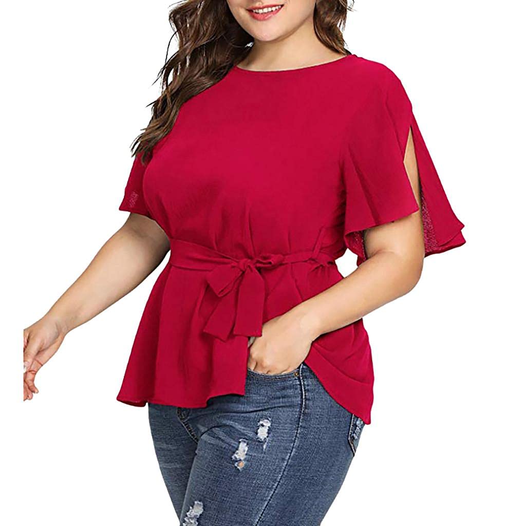 Damska koszulka na lato, na lato, na co dzień, z krótkim rękawem, koszulka typu henley, basic, luźna, tunika, bluzka, eleganckie koszule, czerwony, XXL
