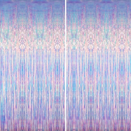 Image of GOER 3.2 ft x 6.5 ft Metallic Tinsel Foil Fringe Curtains Party Photo Backdrop Party Streamers for Mermaid Birthday Party Decorations(2 Packs,Iridescent)