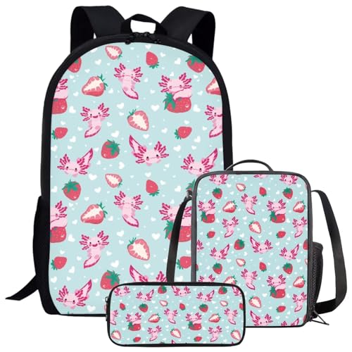 Cartoon Strawberry Axolotl Backpack for School Girls Student Durable Lightweight Comfy Padded Personalized Cute Green Backpack with Lunch Box Pencil Case Kids Teen Girls Daily Outing 17 Inch Book Bag