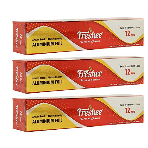 Image of Freshee New Aluminium Silver Kitchen Foil Roll Paper 44 m, 11 Micron Thick Food wrap Disposable Food Parcel for Fresh Food Pack of 3