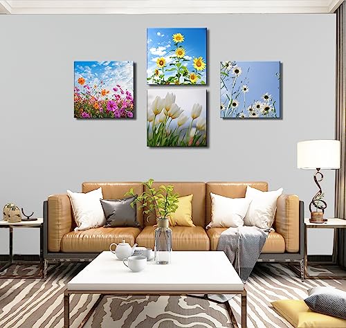 Image of Colorful Floral Canvas Wall Art for Bathroom Decor, Yellow,Purple and White Flowers Artwork Prints Modern Pictures Framed for Living Room Bedroom Office Decoration - 12 inch X 12 inchx4 Pieces