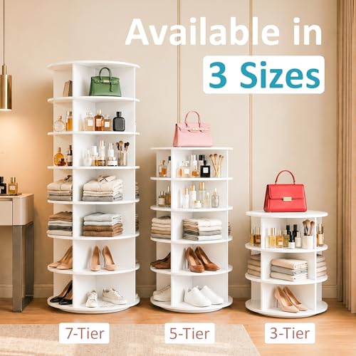 Image of 360 Rotating Multipurpose Storage Cabinet - Laminated Engineered Wood Organizer Rack | Space-Saving Rotating Shelf for Bedroom, Living Room, Dressing Area & Bathroom (White, 5-Tier)