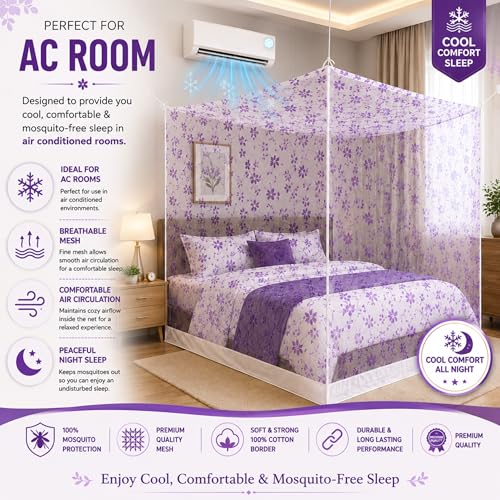 Image of Mosquito Net for King Size Bed & Double Bed, 6x7 Ft, Wall Hanging Machhardani, No Frame Required, Floral Vine Pattern, Premium Poly-Cotton Fabric, Soft Breathable Mesh for AC Rooms (Royal Purple Vine)