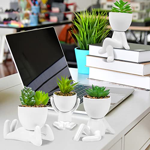 Ljmboen 4 Pcs Cute Fake Succulent With Creative Human Shaped Pots,Mini Ceramic Plant Potted Succulents For Women Men,Faux Succulents Plants For Office,Home,Bathroom And Shelf Decor (White) #TOP4