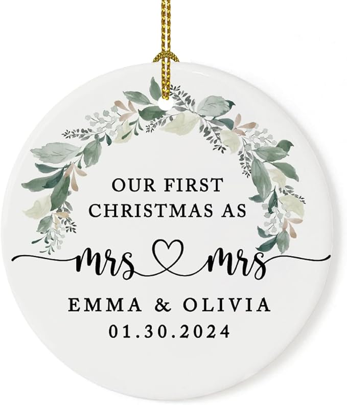 Andaz Press Personalized Our First Christmas As Mrs. & Mrs. 2024 Christmas Ornaments Foliage Wreath 2.8" Round Porcelain Ceramic Lesbian Married Couple Gay Women Newlyweds Wedding Keepsake 1-Pack