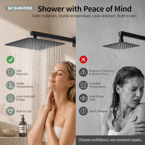 Image of SR SUN RISE 12 Inches Matte Black Shower System Inch Brass Bathroom Luxury Rain Mixer Combo Set Wall Mounted Rainfall Head Faucet Rough-in Valve Body and Trim Included