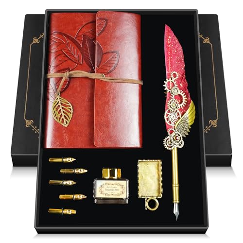 Feather Quill Pen and Ink Set,Antique Calligraphy Set with Leather Journal Notebook,Feather Pen,5...