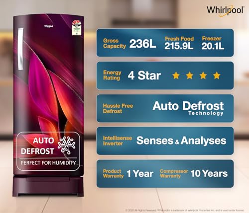 Image of Whirlpool 236 L 4 Star Frost Free Inverter Direct-Cool Single Door Refrigerator (Auto-Defrost, Intellisense Inverter, 260 IMPRO PLUS ROY 4S WINE Breeze-Z)