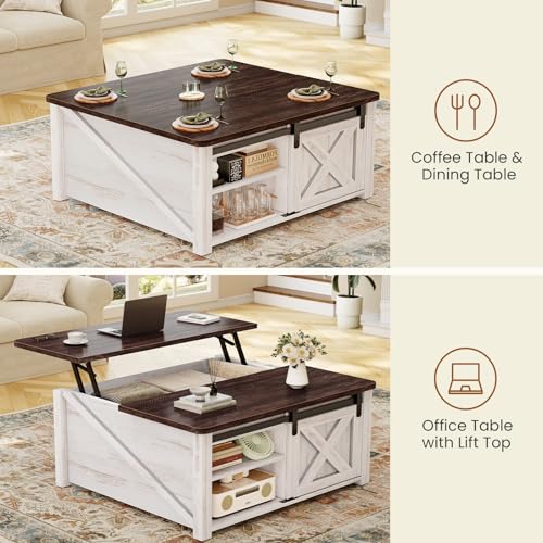 Image of SEDETA 31.5 inch Lift Top Coffee Table with Storage, Square Coffee Tables for Living Room, Farmhouse Coffee Table with Large Hidden Storage Compartment and Adjustable Shelves, Vintage White