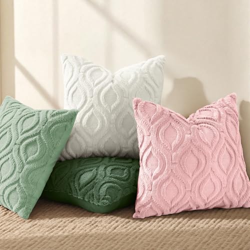 Image of decorUhome Fall Throw Pillow Covers 16x16 Inch Set of 2, Soft Plush Faux Wool Sage Green Solid Couch Pillow Covers, Accent Farmhouse Neutral Square Pillow Cases for Sofa Bed Living Room