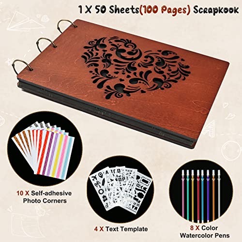 Image of Giiffu Wedding Scrapbook Album Couples Scrapbook Kit | Premium Wooden Photo Album Anniversary Scrapbook with 100 Pages Heart Memory Book for Couples Valentines Day Gift