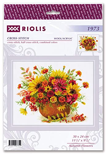 Image of RIOLIS - Autumn Flowers 1973, Floral Cross Stitch Kits 11 inchx9, Cross Stitch Kits for Beginners & Advanced, Crossstitching Kit Adult, Flowers Embroidery Kit