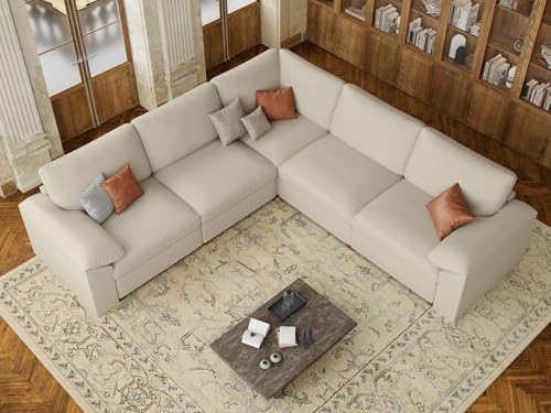 Image of EASE MOOSE Oversized Modular Sectional Couch, Faux Leather Sectional Sofa with Deep Seat, Scratch Resistant Leather Couch Material, Extra Large L Shaped Couch, Beige
