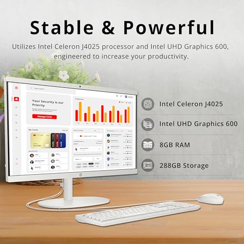Image of HP All-in-One Desktop Computer, 21.5 inch FHD Display, Intel Celeron J4025 Processor, 8GB RAM, 288GB Storage (128GB SSD + 160GB Docking Station Set), HD Privacy Camera, Wired Keyboard&Mouse, Win 11, White