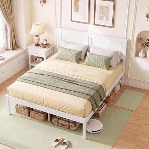 Giantex Wood Full Size Bed Frame with Headboard Mid-Century Modern Platform Bed w/Wooden Slat Support Solid Mattress Foundation Under-Bed Storage Space No Box Spring Needed White