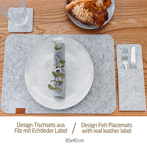 MIQIO® Scandi Style Felt Place Mats with real Leather Label - Washable, Light Grey / Rectangular, Set of 4 with accessories - Image 3