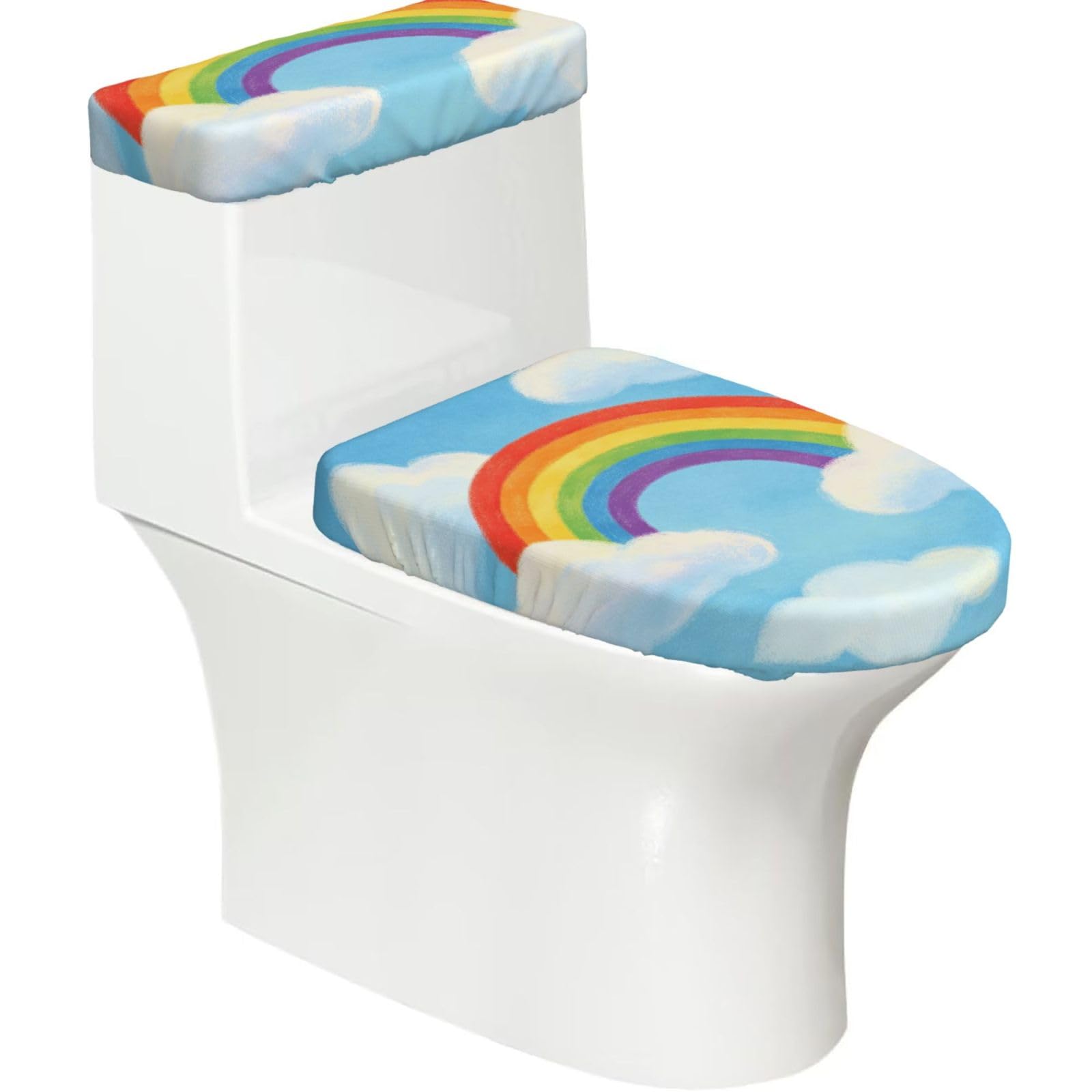 Cntdbu Black Rainbow Color Art Stretchy Toilet Lid And Tank Cover Set-Soft Elastic Bathroom Decor For U Shape Oval